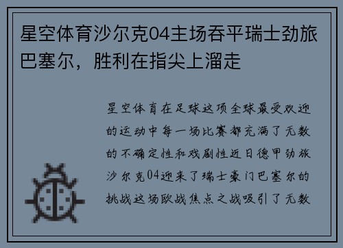 星空体育沙尔克04主场吞平瑞士劲旅巴塞尔，胜利在指尖上溜走