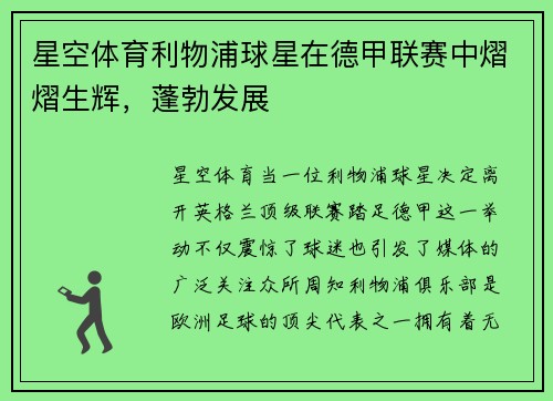 星空体育利物浦球星在德甲联赛中熠熠生辉，蓬勃发展