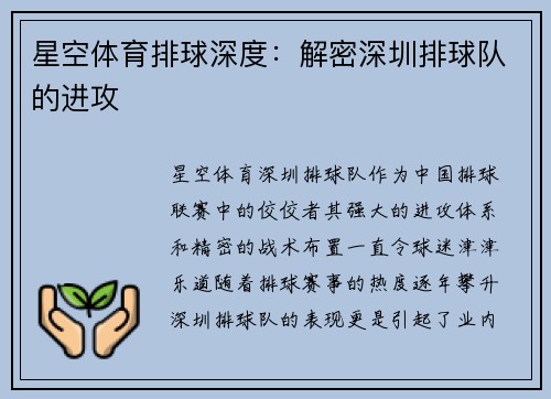 星空体育排球深度：解密深圳排球队的进攻